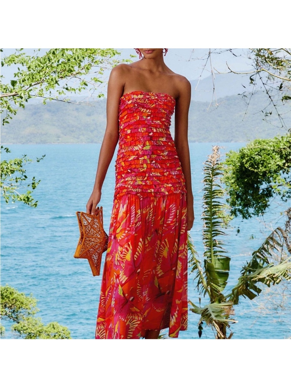 Farm Rio - NWT- Orange Flying Birds Strapless Smocked Maxi Dress - Picture 9 of 15